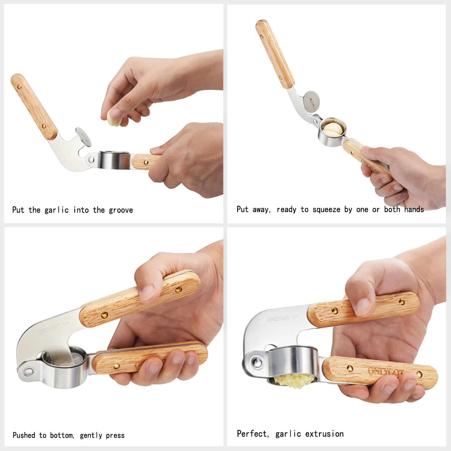 Onlygot Garlic Press Stainless Steel Garlic Crusher Wood Handle Garlic Mincer and Ginger Press