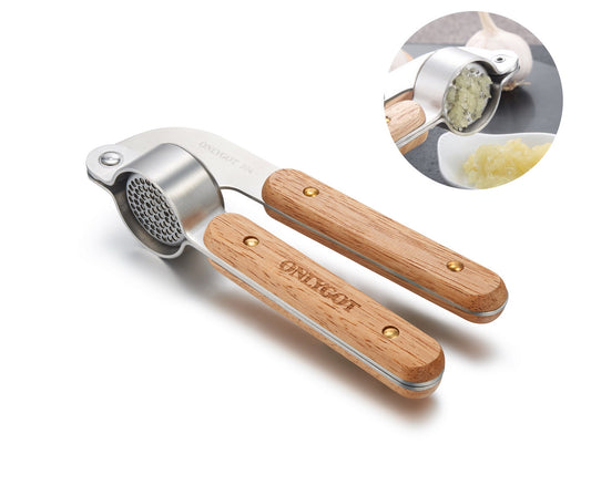 Onlygot Garlic Press Stainless Steel Garlic Crusher Wood Handle Garlic Mincer and Ginger Press