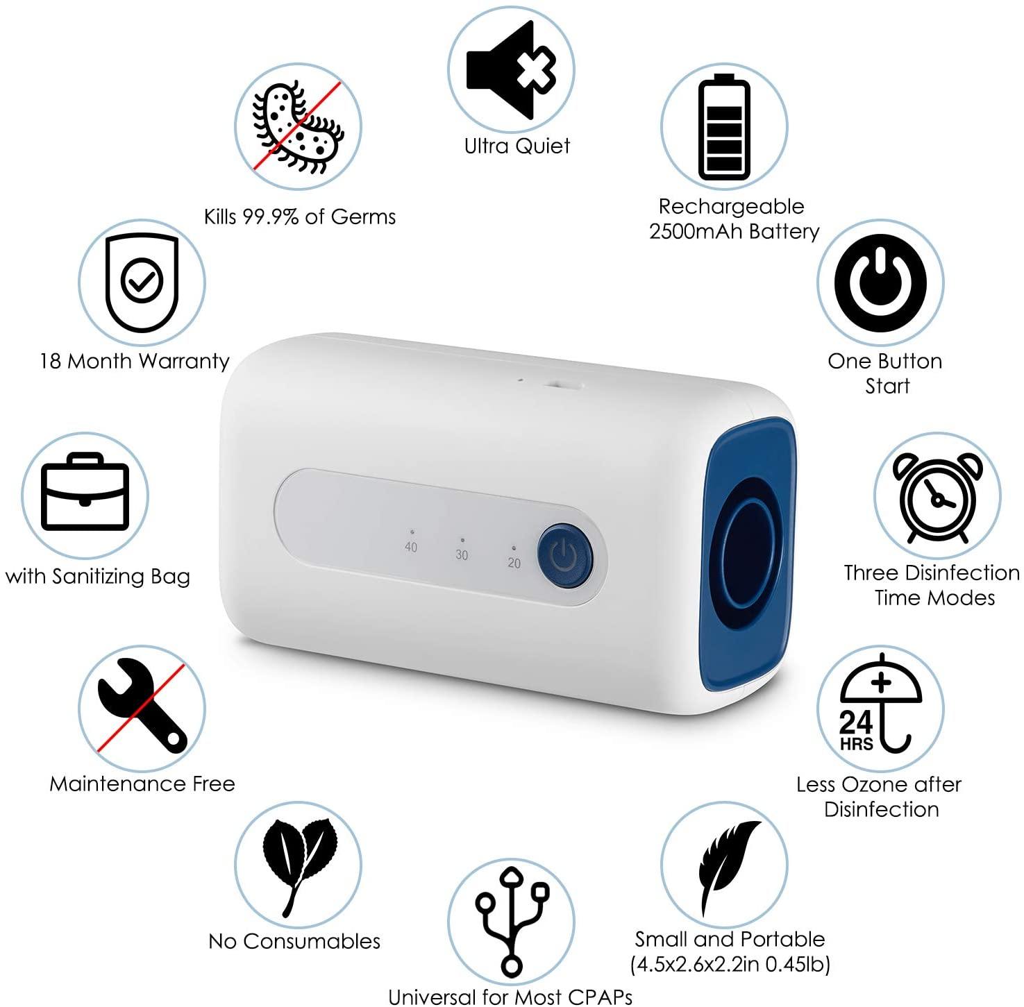 CleanerOnly CPAP Cleaner - Kills 99.9% of Germs, Ultra Quiet, One Button Start, No Consumables, Maintenance Free, with Sanitizing Bag, Rechargeable 2500mAh Lithium Ion Battery, Three Disinfection Time Modes, Less Ozone after Disinfection, Small and Portable (4.5x2.6x2.2in 0.45lb), 18 Month Warranty, Universal for Most CPAPs